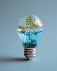 Plant Growing in Light Bulb with Blue Water