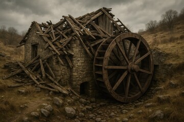 An old, rustic water mill stands weathered and worn against the backdrop of a moody, overcast sky. A reminder of a bygone era, the decaying structure evokes a sense of history, solitude.