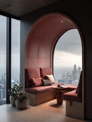Modern, cozy seating nook with an arched window overlooking a cityscape.