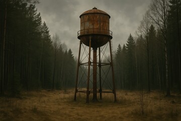 An aging, rusted water tower stands resolute amidst a foreboding forest, telling a story of forgotten times and stoic resilience in nature's embrace.