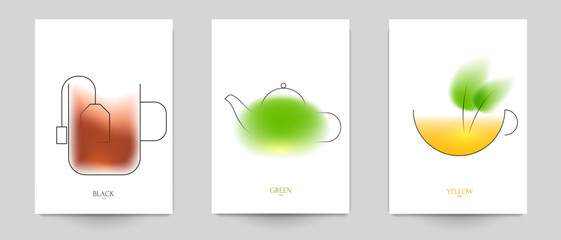 Set of tea composition in minimalistic style. Design template for branding shop or cafe invitation, business card, menu page, banner, flyer. Vector illustration.