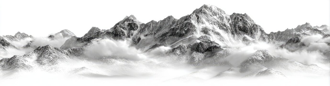 Gray-scale mountain range with misty clouds