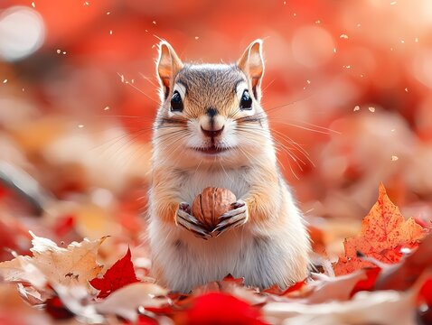 A cute chipmunk holds a nut amidst vibrant red and orange autumn leaves