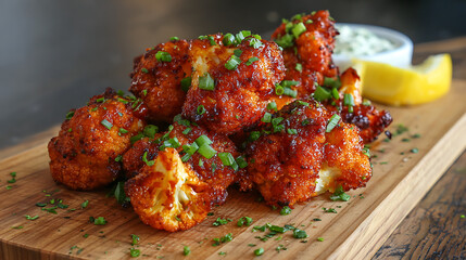 Gobi manchurian popular indochinese food made of cauliflower florets served in a white plate over a rustic wooden table selective focus
