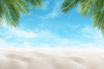 A serene tropical beach scene with white sand, palm trees, and a clear blue sky with fluffy clouds.