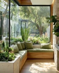 Corner window seat with sage green cushions and lush greenery.