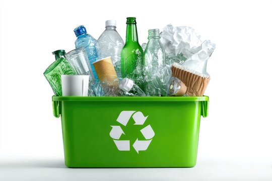 Green recycling bin overflowing with various recyclable materials (2)