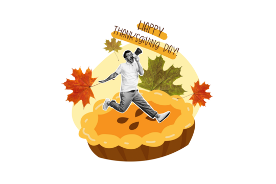 Composite photo collage of happy man scream megaphone run pumpkin pie cake maple leaves thanksgiving isolated on painted background