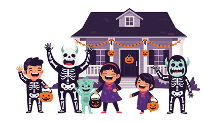 Spooky Celebration: Adorable children in creative costumes trick-or-treating in front of a festive, decorated home. This illustration perfectly captures the spirit of Halloween.