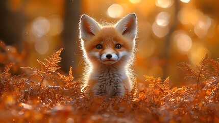 Fototapeta premium Adorable young fox cub peeking through vibrant autumn ferns with warm sunlight