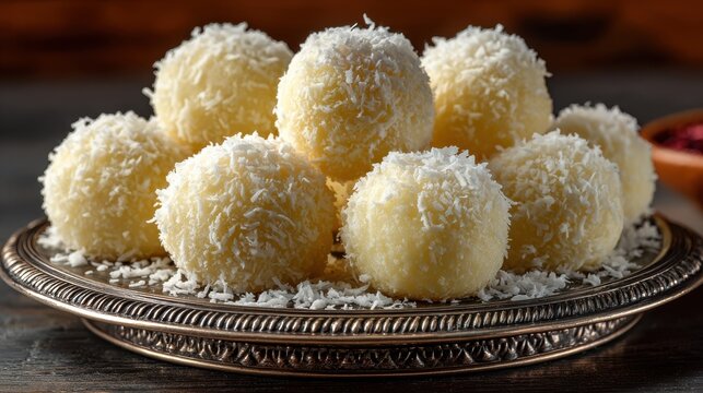 Chomchom is a traditional Bangladeshi dessert of cylindrical milk-based sweets, coated in coconut flakes, arranged neatly on a silver platter, soft, sweet, and perfect for festive celebrations.