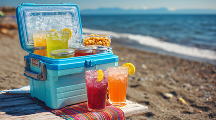 Summer vector summer holiday on beach clipart beach landscape with beer bottles and beer mugs sum
