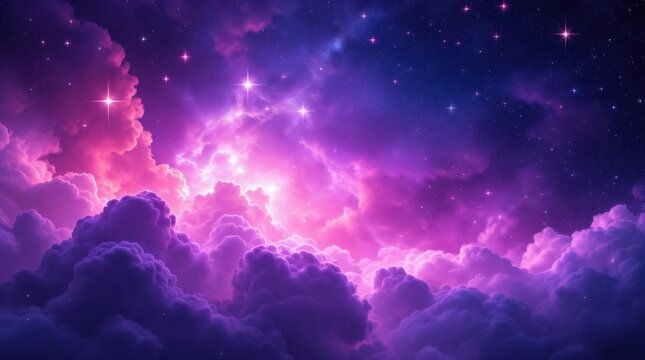 Stunning cosmic scene showcasing vibrant purple and pink clouds among sparkling stars in the night sky