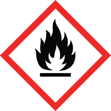 GHS02 hazard pictogram with black flame symbol inside red diamond for flammable materials warning