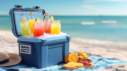Beach cooler filled with ice and assorted beverages on sandy beach with ocean view
