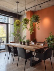 Rustic dining room with hanging plants and a wooden table.