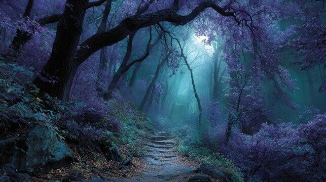 Mystical forest pathway bathed in moonlight, eye-level view for an enchanting journey