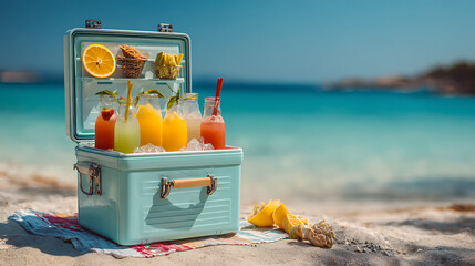 Colorful tropical cocktails at beach on white sand
