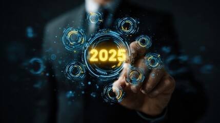 Futuristic Businessman Touching Digital 2025 Year Countdown with Glowing Interface