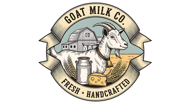 Goat Milk Company Logo – Rustic Farm Branding with Goat, Barn, and Dairy Products