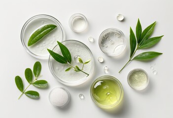 Natural skincare ingredients in petri dishes