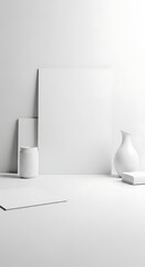 Clean White Mockup Scene with Elegant Vase, Jar, and Display Boards