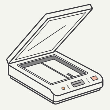 Clean line art illustration of an open flatbed document and photo scanner