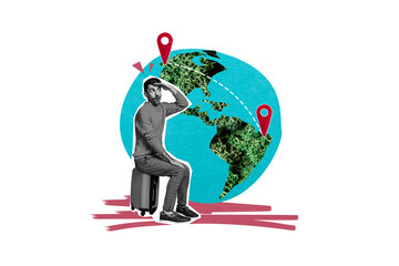 Composite trend artwork sketch photo collage of young man hand sit baggage relocate moving refugee...