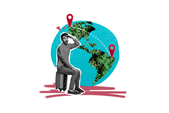 Composite trend artwork sketch photo collage of young man hand sit baggage relocate moving refugee find way geo point world map globe