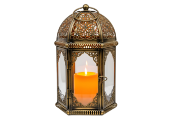 Ornate decorative lantern with burning candle, showcasing intricate metalwork and warm lighting against a dark backdrop.