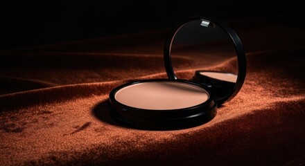 A compact powder, open,  resting on  deep rust velvet