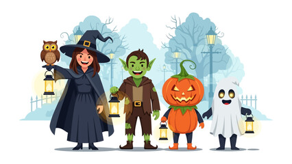 Halloween Costume: A colorful illustration of children dressed in their Halloween costumes, full of spooky and fun character, surrounded by festive scenery and creating a joyful atmosphere.