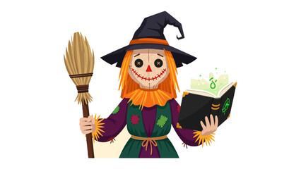 Whimsical Witchcraft: A charming scarecrow-like witch, exuding a touch of playful enchantment, clutches a spell book and broom, ready to weave some Halloween magic.