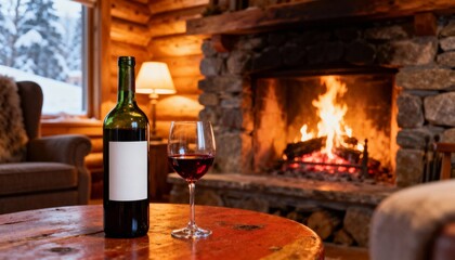 Bottle and glass of red wine on wooden table by rustic stone fireplace in cozy cabin interior, warm winter relaxation atmosphere.
