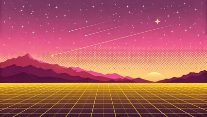Retro futuristic landscape digital world graphic artwork cosmic vibes panoramic view vibrant imagery