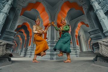 Traditional Khmer apsara dancers perform at a pagoda in Tra Vinh province, Vietnam