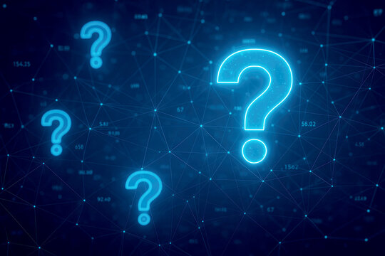 Multiple glowing blue question marks on a dark digital network background symbol query