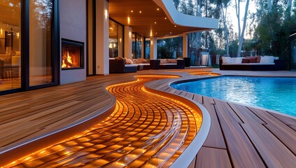 Luxurious modern home with illuminated water feature flowing into a pool, creating a tranquil outdoor oasis