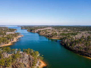 Aerial landscape Clarks Hill Lake in winter after Hurricane Helene in Appling Augusta Georgia