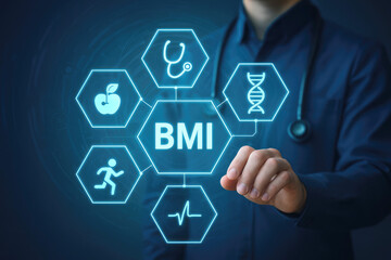 Physician's hand touching a hexagonal digital display with BMI at the center and health icons around it