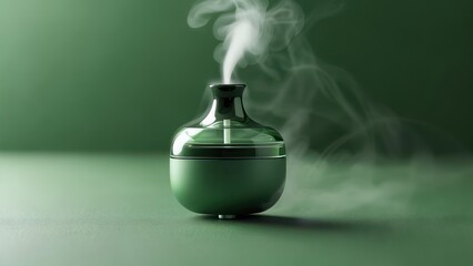 A dark-green, glass and matte diffuser sits on a matching surface, emitting a gentle, swirling plume of fragrant steam against a deep green backdrop
