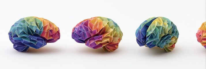 Colorful 3D brain models arranged in a row