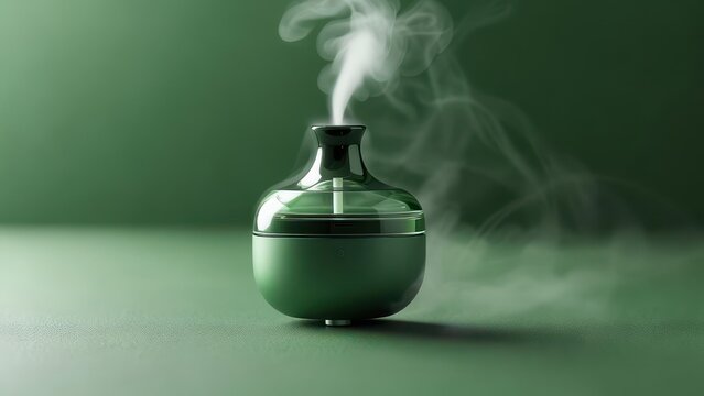 A dark-green, glass and matte diffuser sits on a matching surface, emitting a gentle, swirling plume of fragrant steam against a deep green backdrop