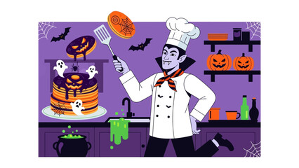 Spooky Chef Pancake Creation: A vampire chef adds a touch of the macabre to a Halloween morning, crafting playful pancakes adorned with spooky decorations within a purple kitchen setting. 