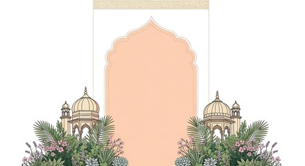 Traditional Mughal garden scene in Pichwai style featuring peacock and arches, designed for wallpaper