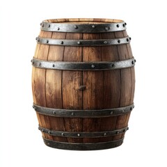Fototapeta premium Full shot of a wooden barrel, light brown, with dark metal bands and rivets