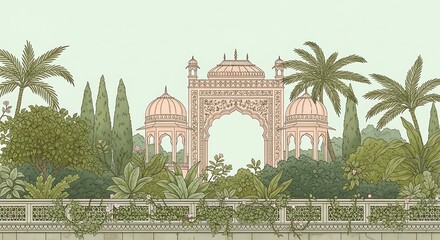 Traditional Mughal garden scene in Pichwai style featuring peacock and arches, designed for wallpaper