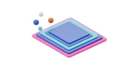 An engaging abstract 3D graphic depicts stacked geometric shapes and floating spheres, illustrating concepts of digital transformation, hierarchical data, and progressive innovation.