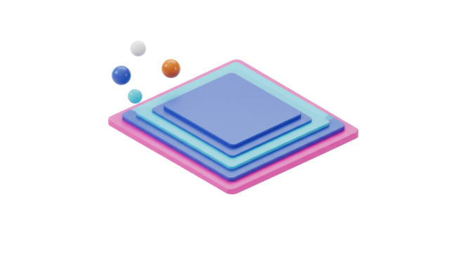 An engaging abstract 3D graphic depicts stacked geometric shapes and floating spheres, illustrating concepts of digital transformation, hierarchical data, and progressive innovation.