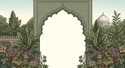 Traditional Mughal garden scene in Pichwai style featuring peacock and arches, designed for wallpaper